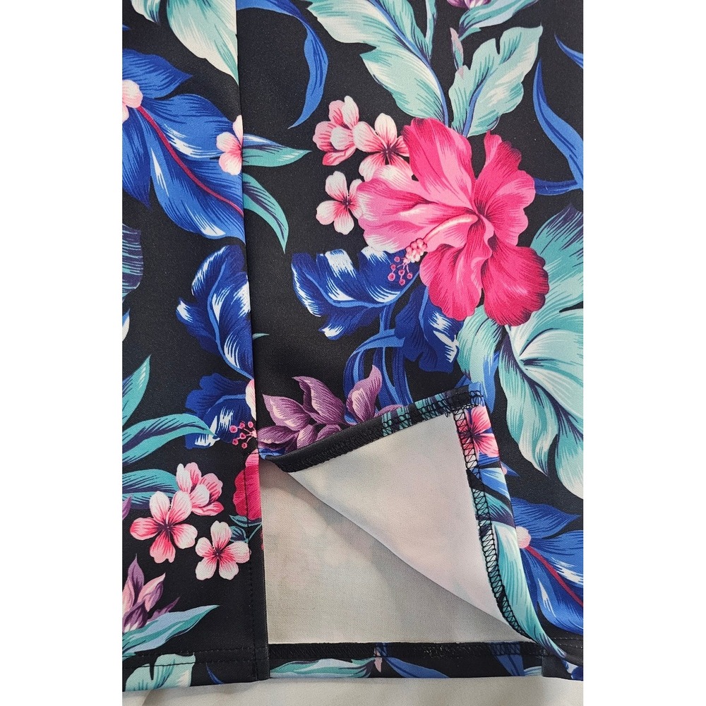 Venus Floral Tropical Hibiscus Sheath Dress Black Pink Blue Size 2 Cutout Back - Picture 3 of 7